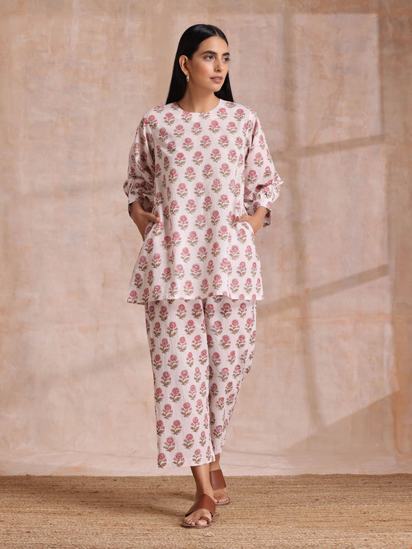 trueBrowns Pink Brown Buta On White Block Print Cotton Baggy Sleeve Co-Ord Set - Distacart