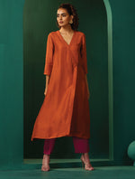 Thumbnail for trueBrowns Rust Silk Angrakha Kurta Pant Set - Distacart