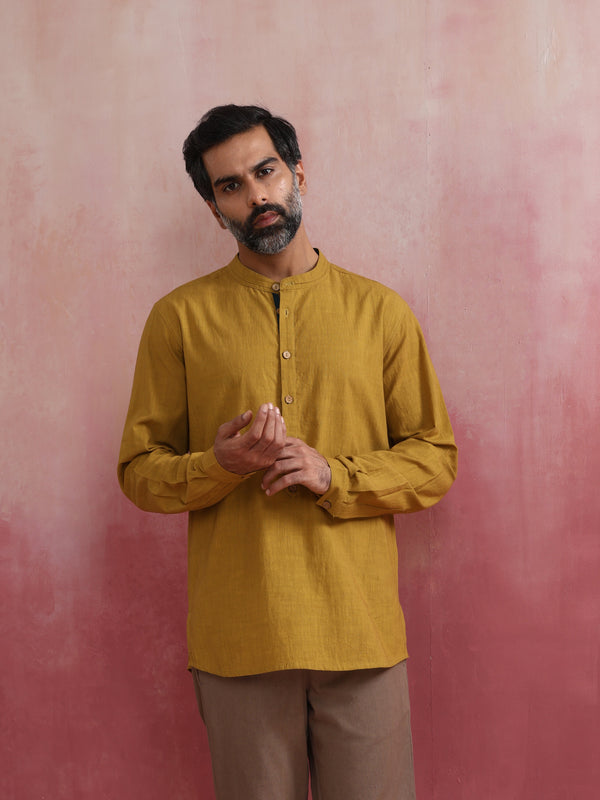 trueBrowns Men's Mustard Cotton Mandarin Collar Stylized Kurta - Distacart
