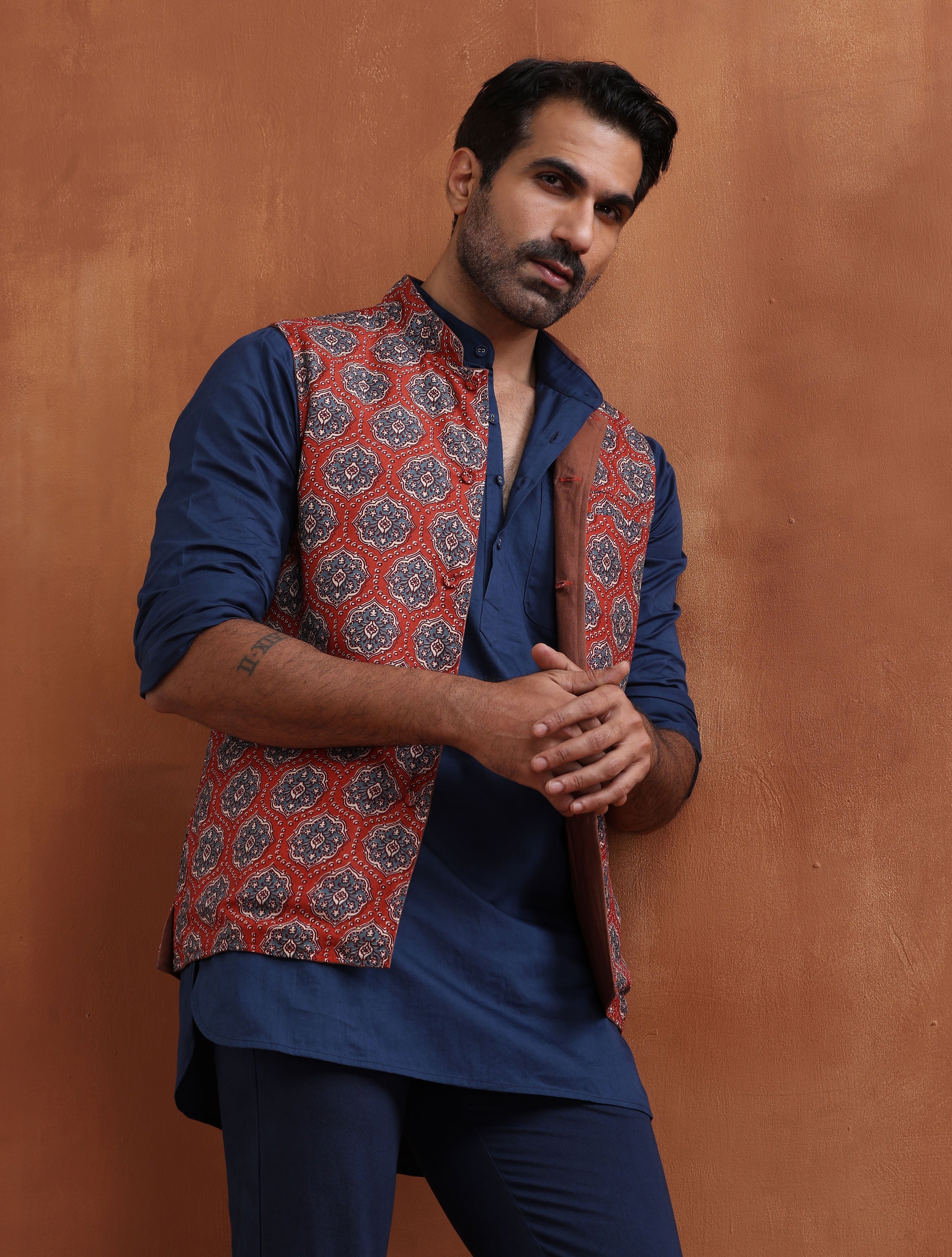 trueBrowns Men's Rust Printed Reversible Nehru Jacket - Distacart