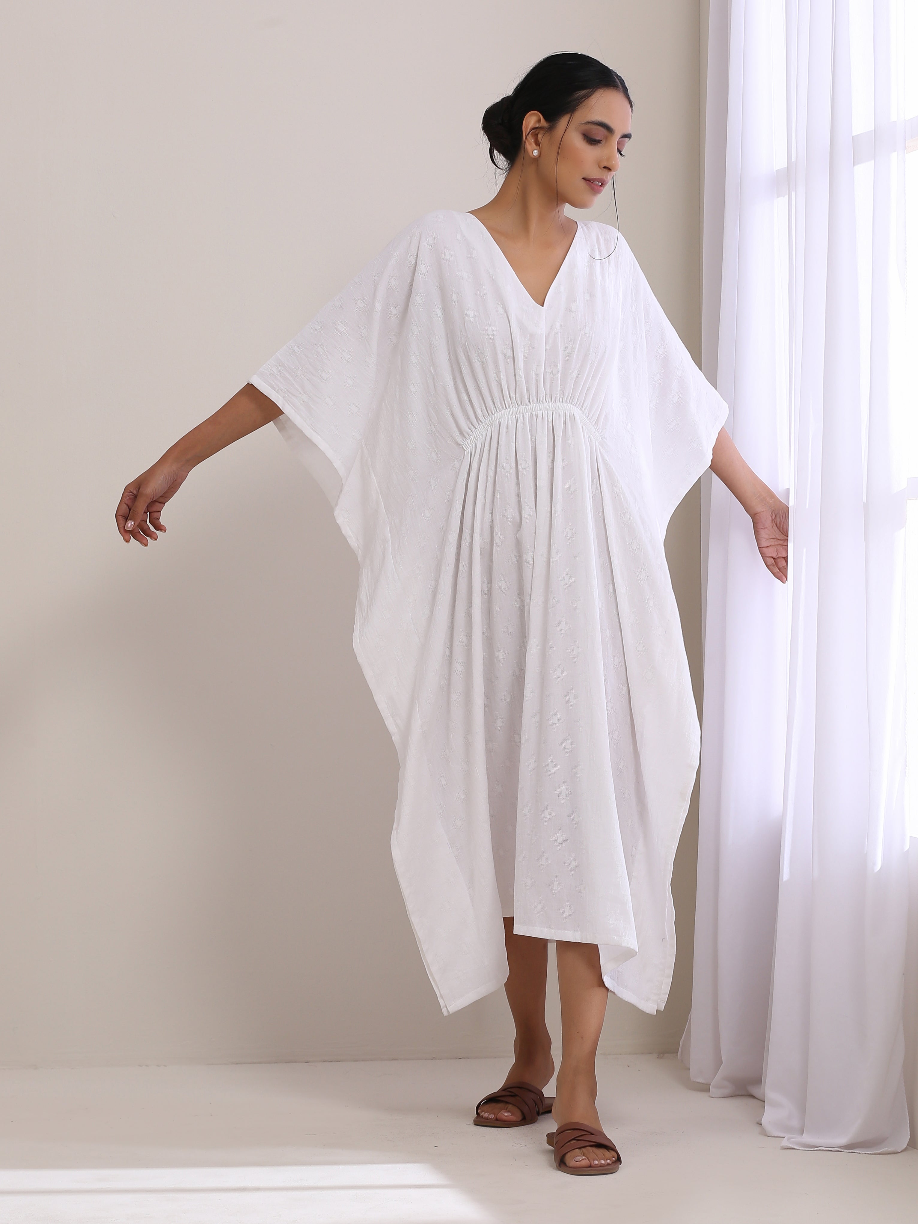 trueBrowns White Dobby Kaftan Dress - Distacart