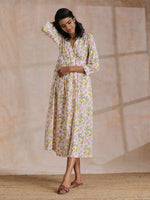 Thumbnail for trueBrowns Pink Yellow Floral On White Block Print Cotton Wrap Dress - Distacart