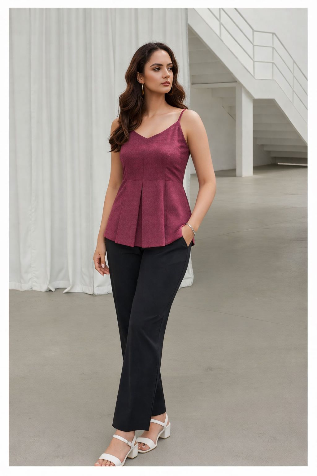 Myshka Women Mauve Linen Shoulder Strap Pleated Top - Dista