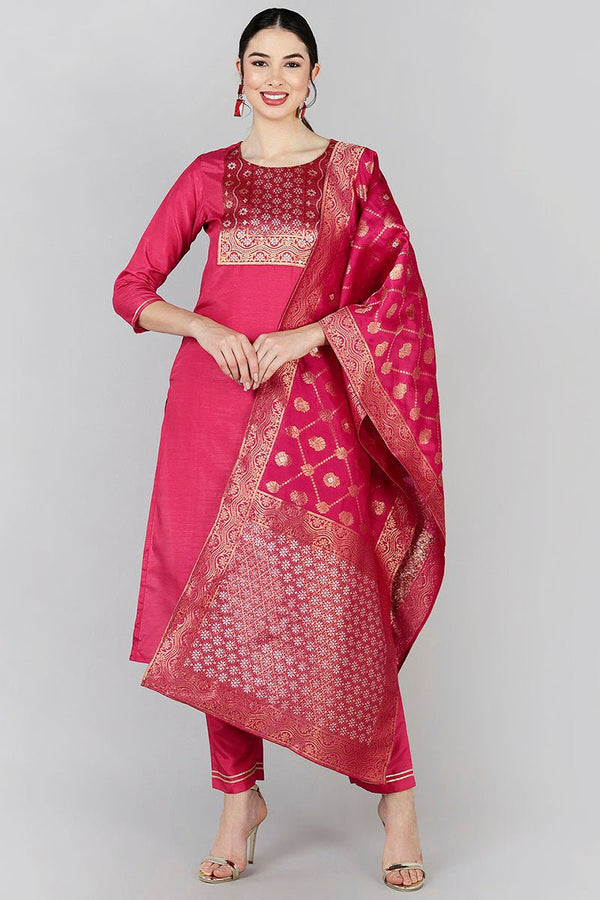Ahika Women Red Yoke Design Kurta Trousers With Dupatta - Distacart