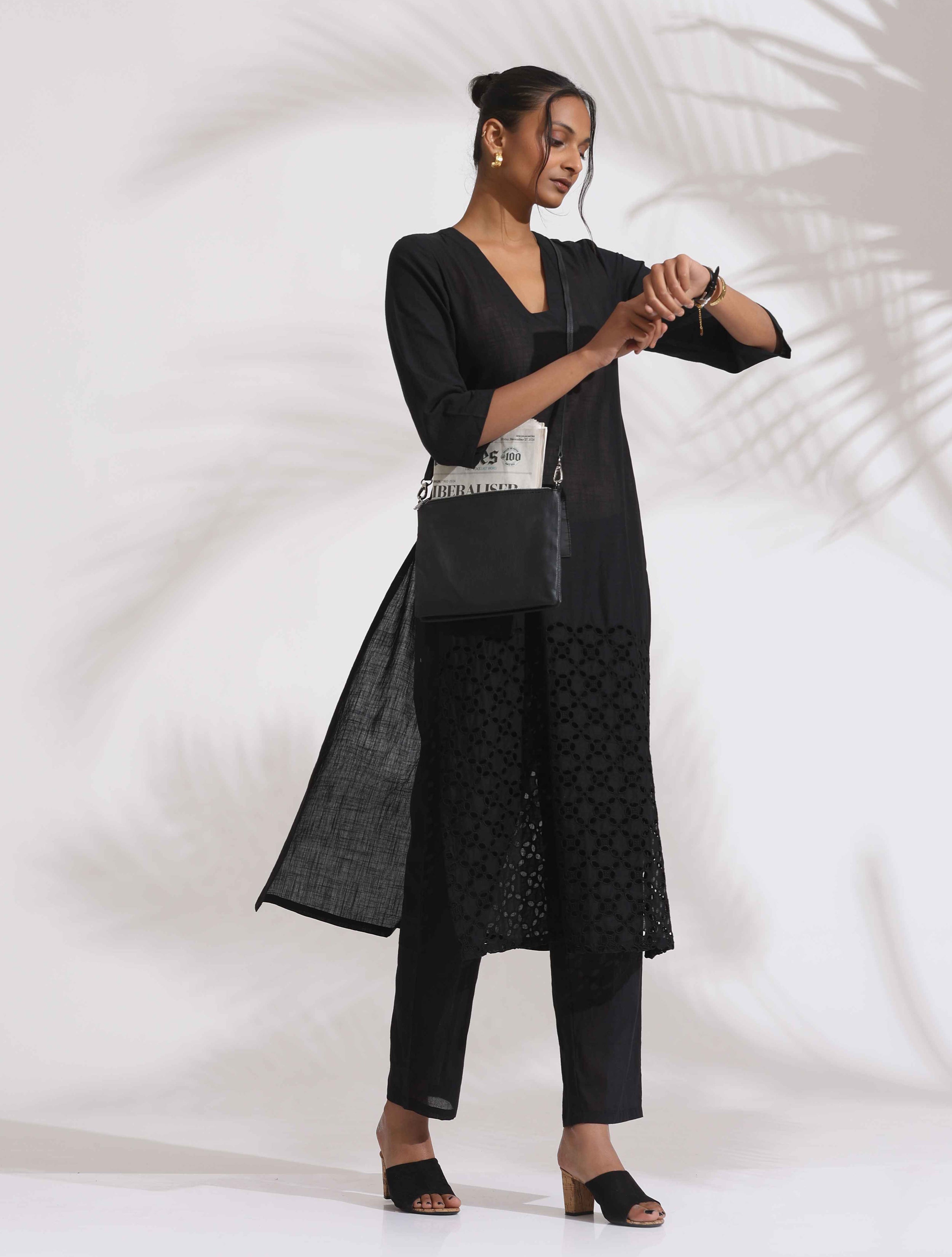 trueBrowns Black Cotton Schiffli Kurta Set - Distacart