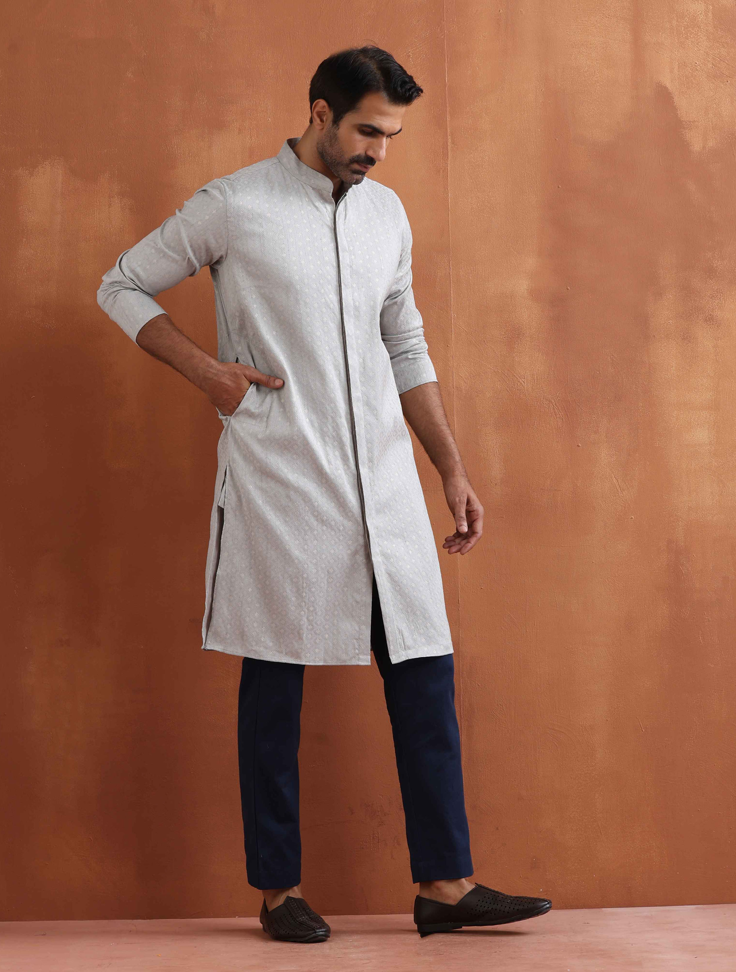 trueBrowns Men's Grey Chanderi Front Open Kurta - Distacart
