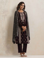 Thumbnail for trueBrowns Purple Velvet Embroidered Kurta Pant Dupatta Set