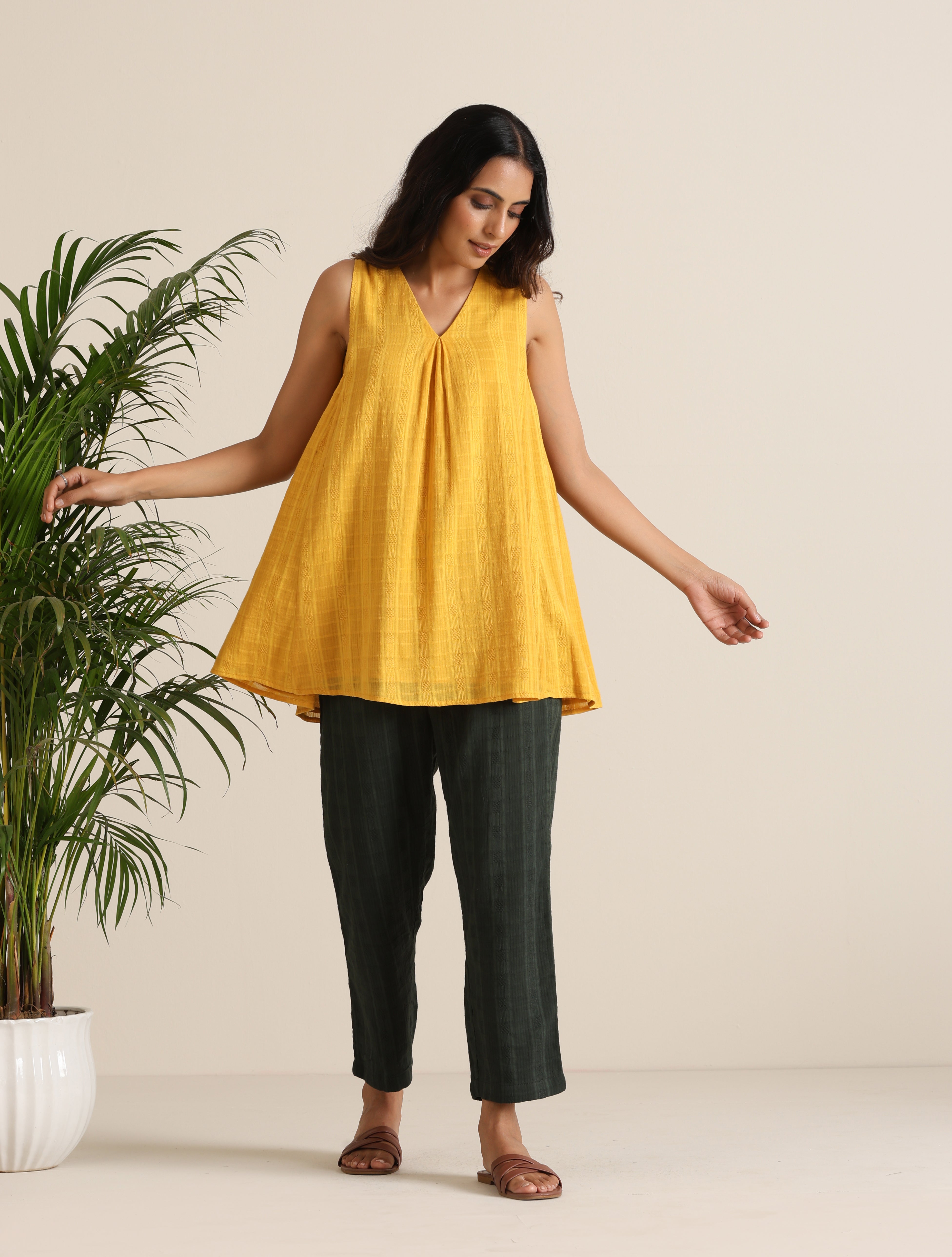 trueBrowns Mustard Cotton Dobby Sleeveless Co-ord Set - Distacart