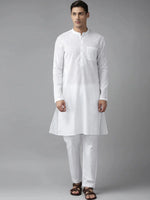Thumbnail for Fabmade Men White Cotton Linen Kurta Pyjama