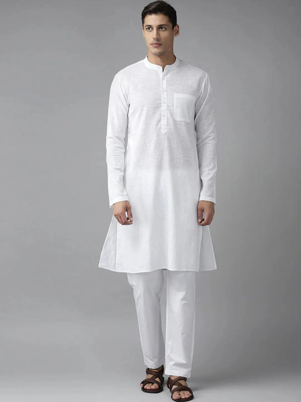 Fabmade Men White Cotton Linen Kurta Pyjama
