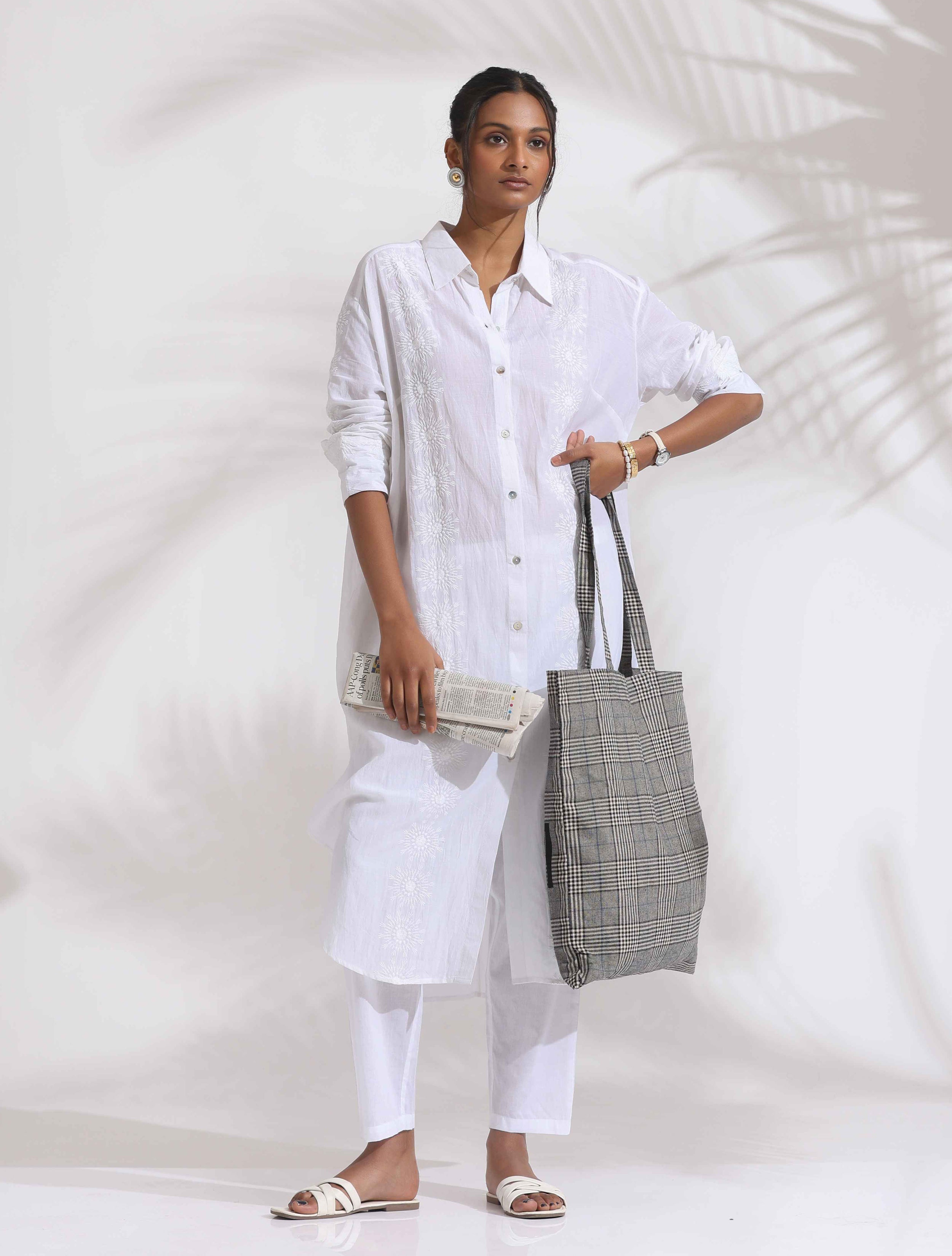 trueBrowns White Cotton Schiffli Shirt Kurta Set - Distacart