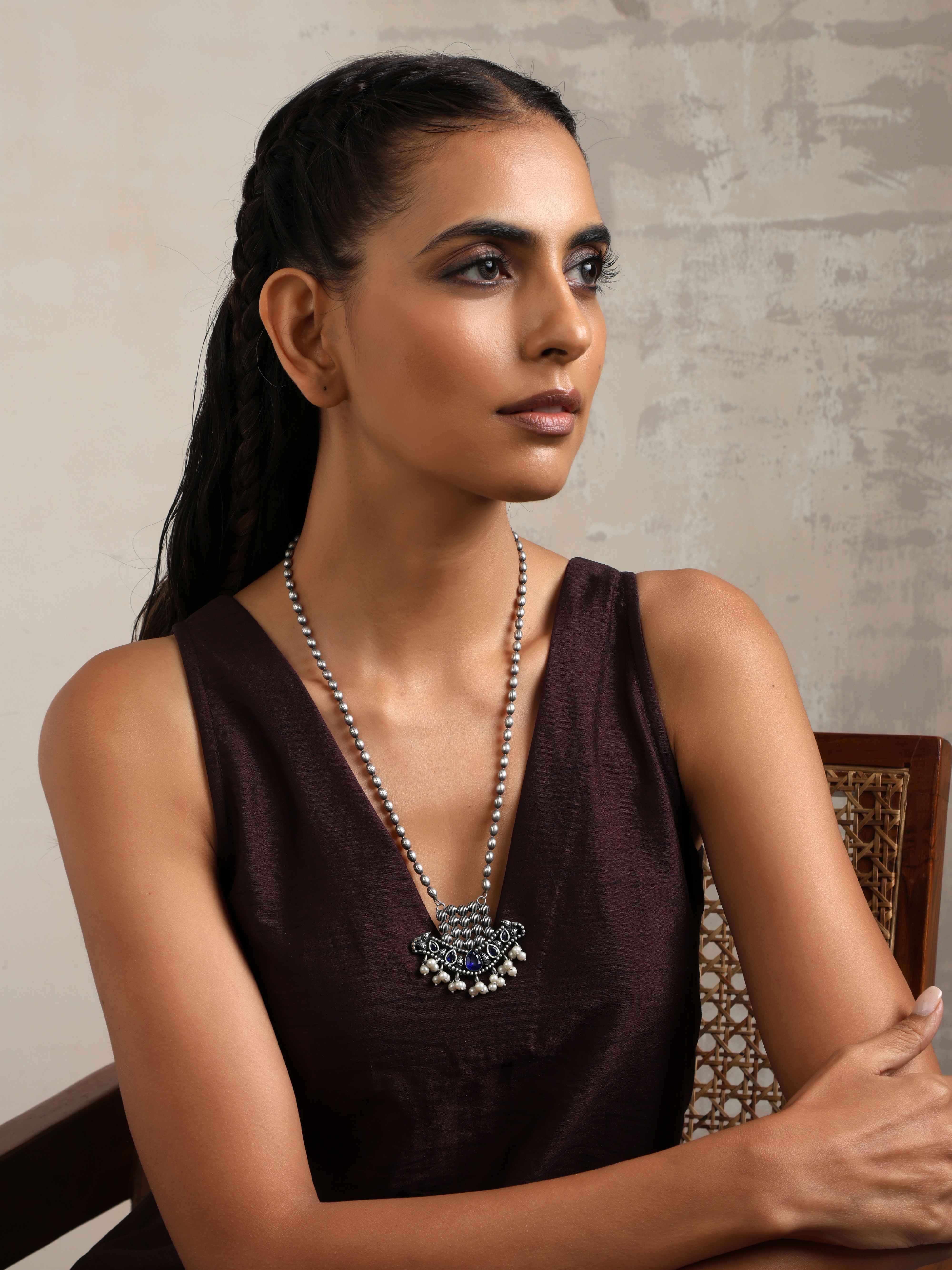 trueBrowns Silver Tone Blue Stone Pendant Chain - Distacart