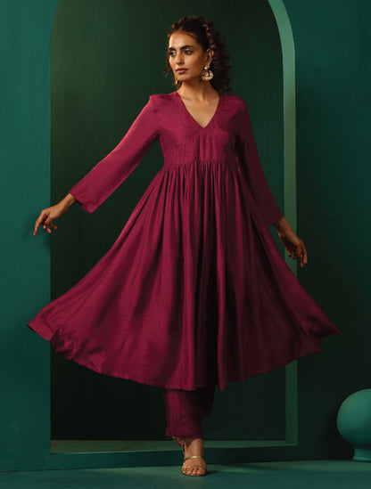 trueBrowns Maroon Silk Angrakha Kurta Pant Set - Distacart