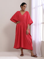 Thumbnail for trueBrowns Bright Pink Dobby Kaftan Dress - Distacart