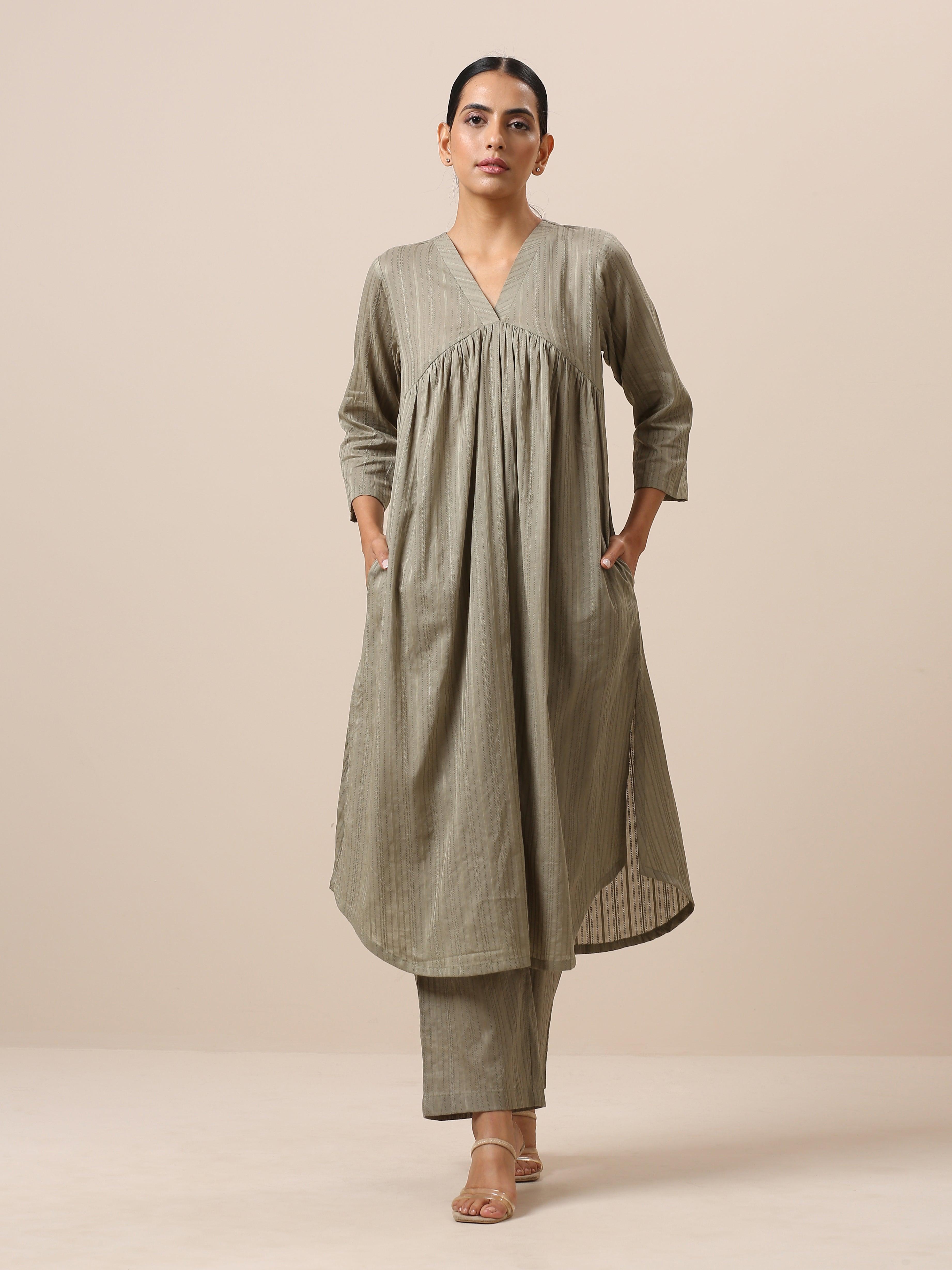 trueBrowns Cotton Olive Green Flared Slit Kurta Pant Set - Distacart