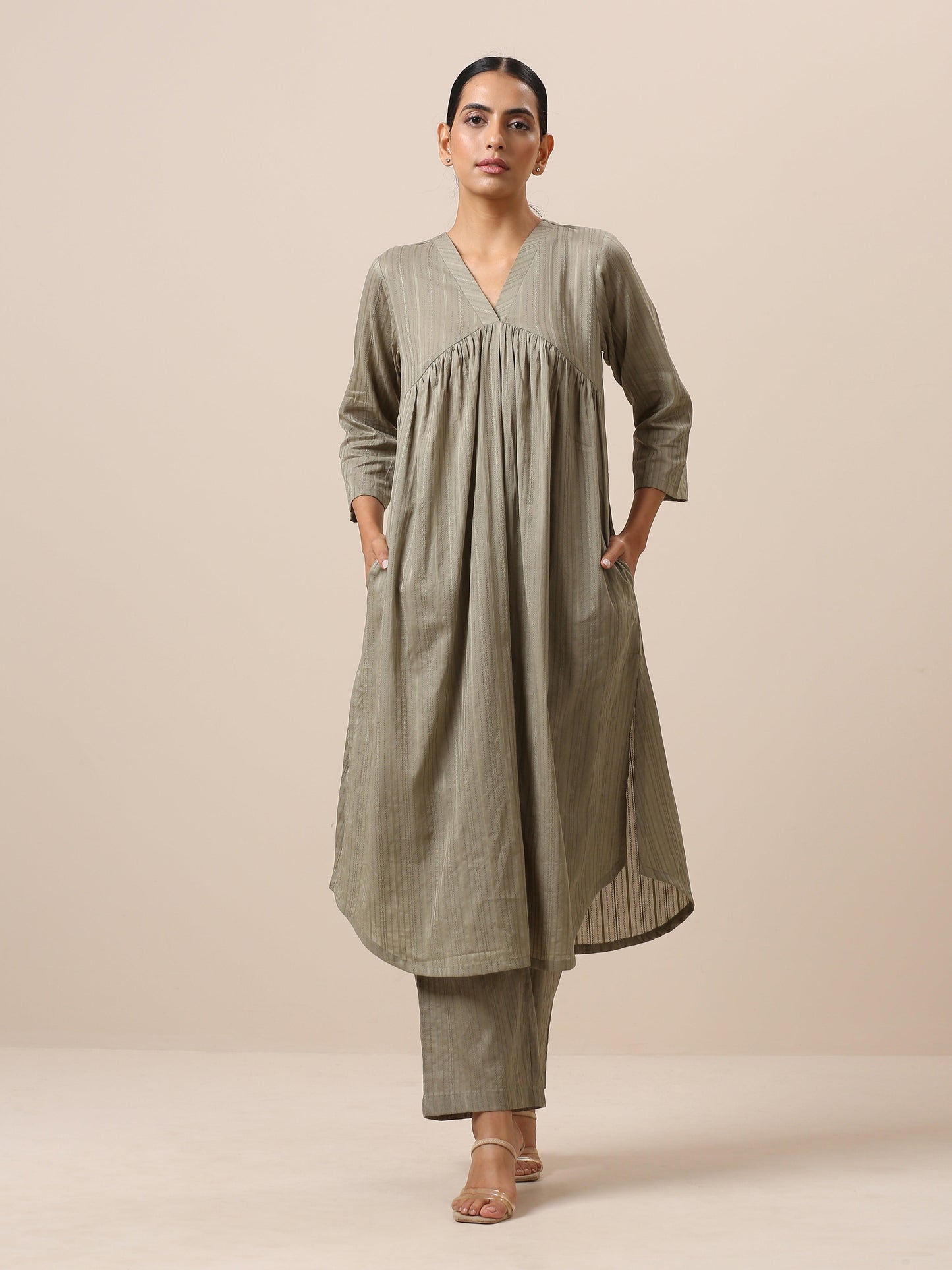 trueBrowns Cotton Olive Green Flared Slit Kurta Pant Set - Distacart