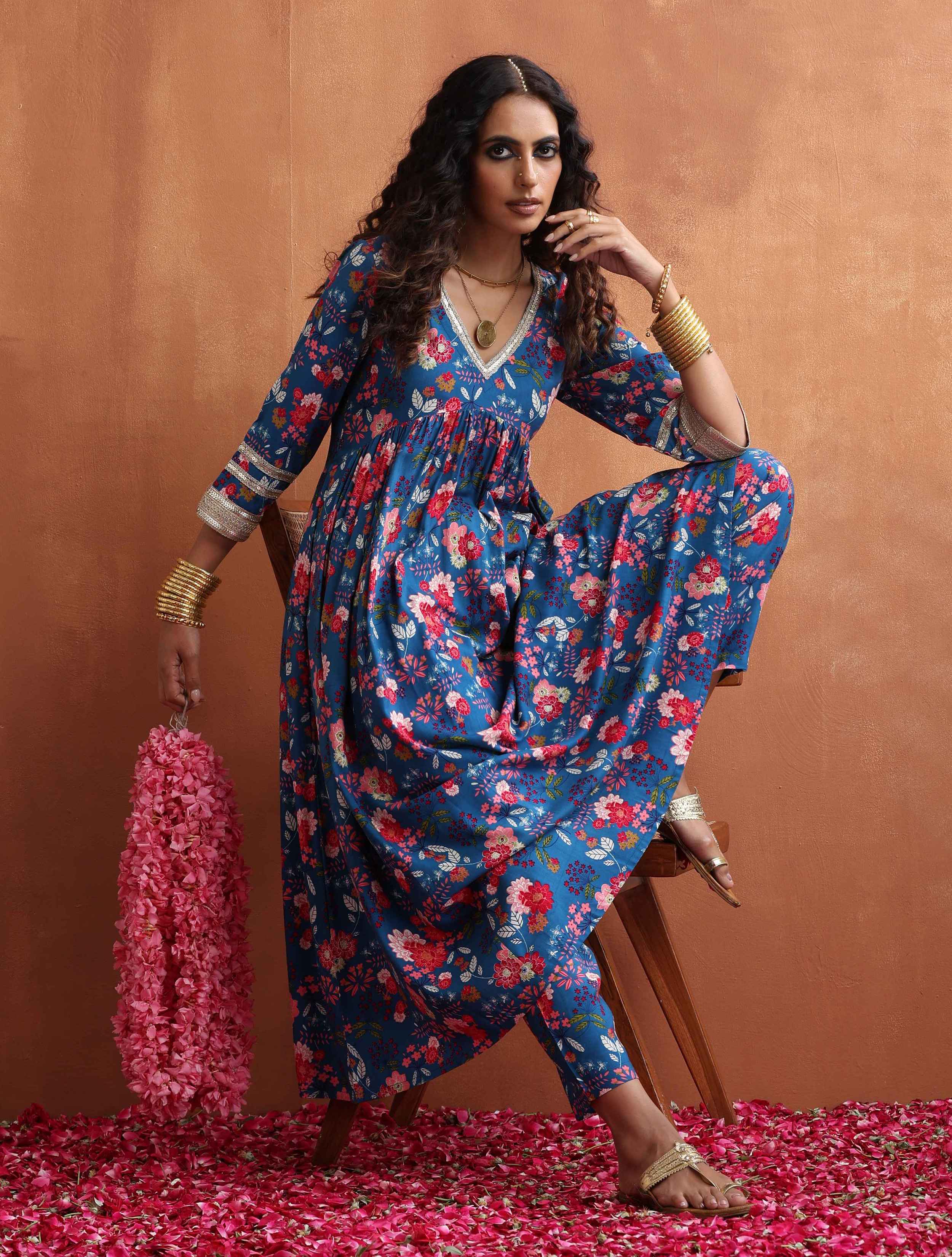 trueBrowns Blue Print Flared Anarkali Kurta Set - Distacart