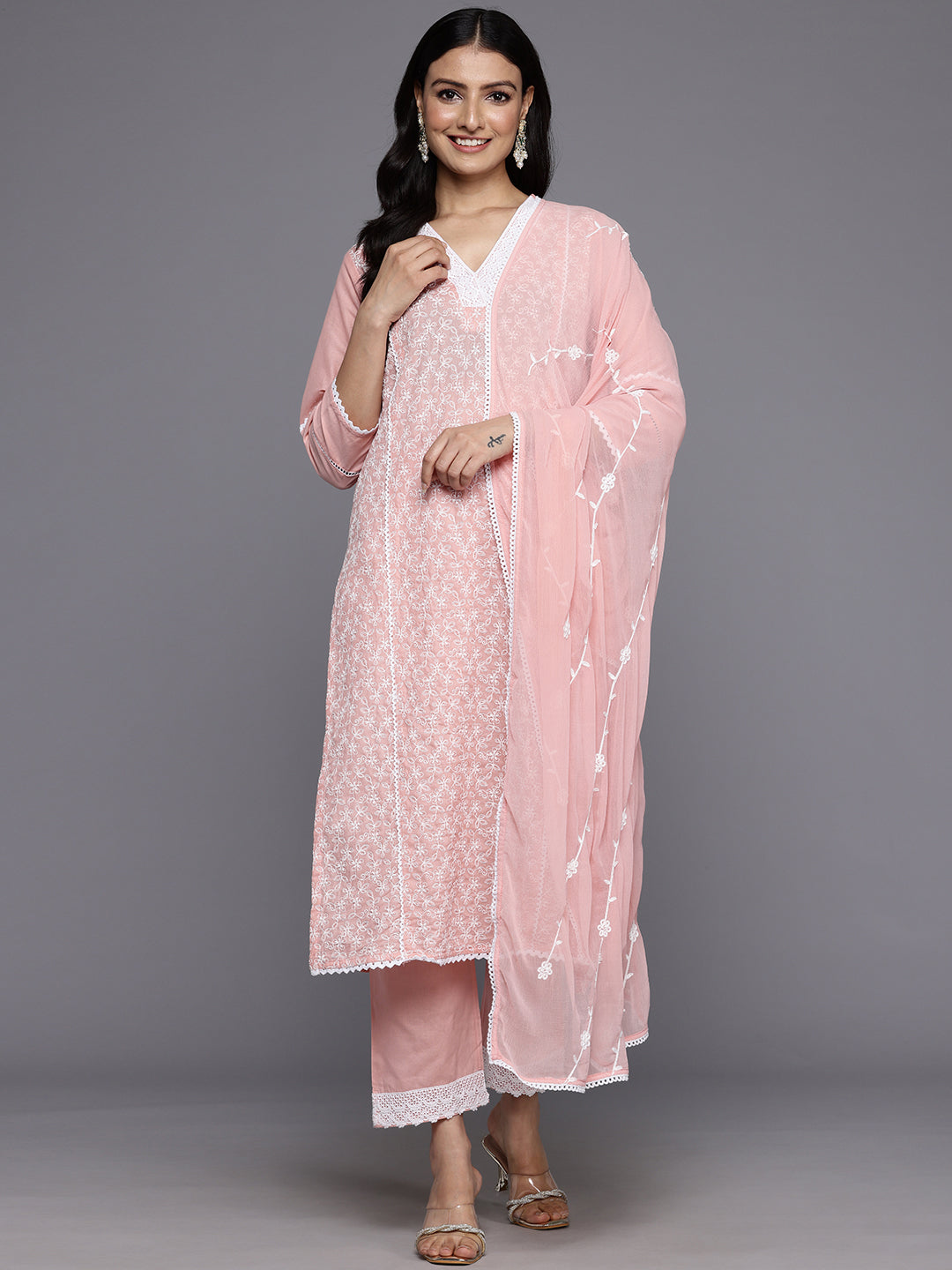 Varanga Women Pink V Neck Thread Embroidered With Tonal Bottom And Chiffon Dupatta - Distacart