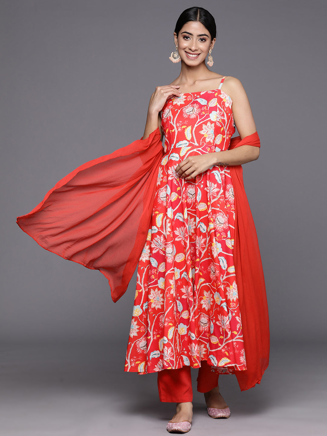 Varanga Women Red Floral Printed Anarkali Kurta Paired With Tonal Bottom And Dupatta - Distacart