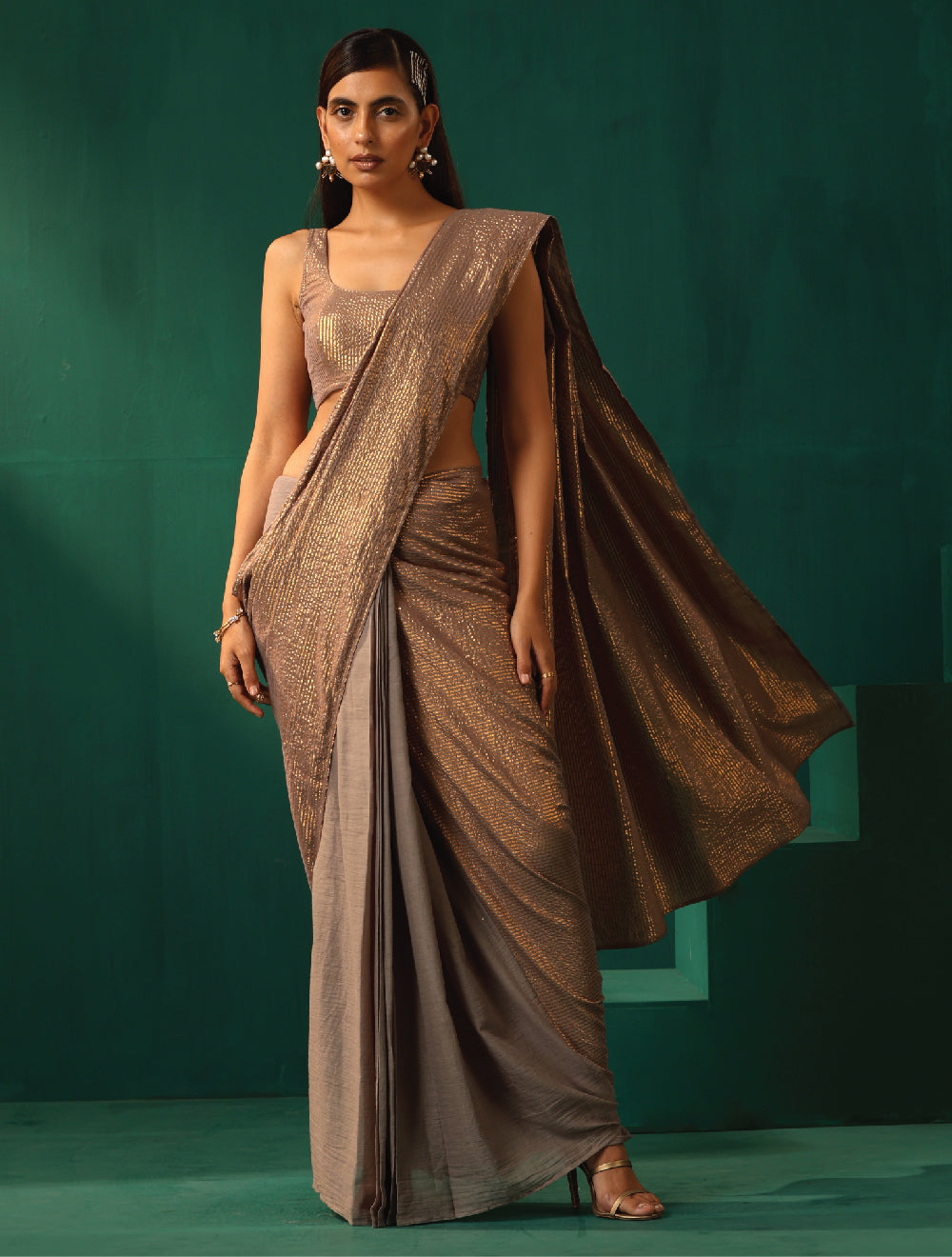 trueBrowns Grey Cotton Gold Lurex Striped Ready to Wear Saree - Distacart