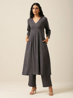 Thumbnail for trueBrowns Slate Grey Slub Texture Overlap Pleat Kurta Pant Set | Relove