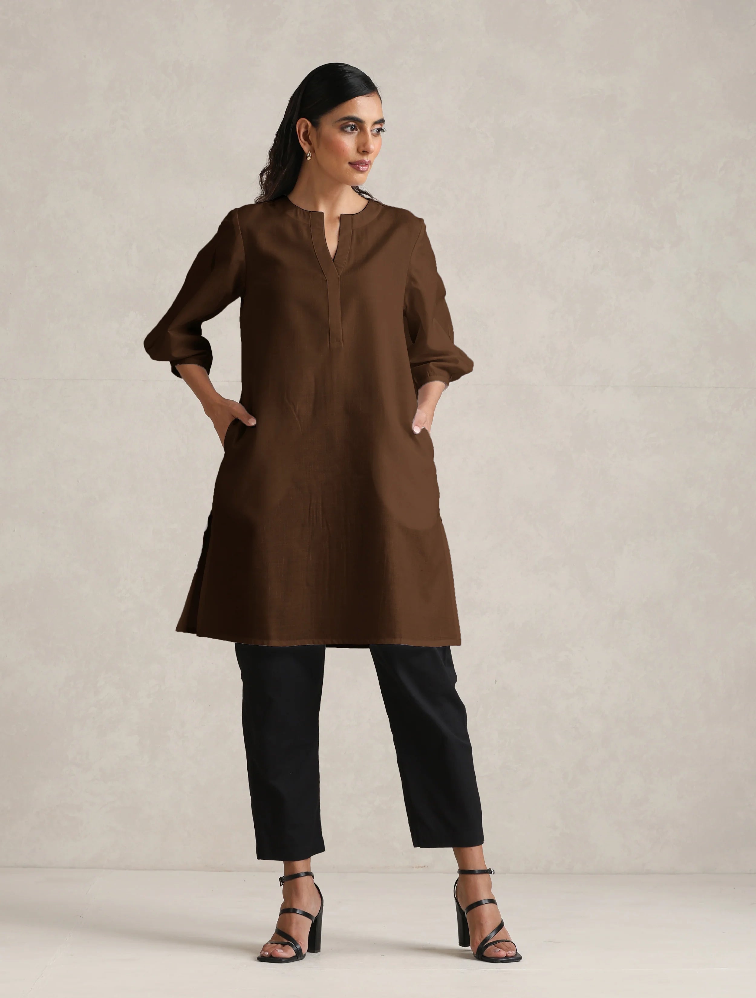 trueBrowns Brown Cotton Blend Short Kurta - Distacart