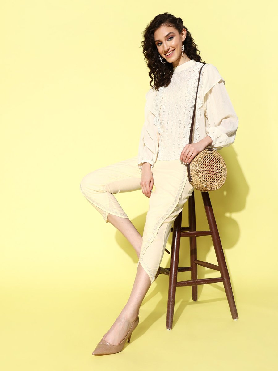 Ahalyaa Beige Floral Lace Insert Dhoti Pants - Distacart