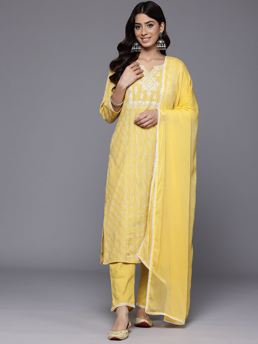 Varanga Women Mustard Woven Design Round Neck, Three Quarter Sleeves Paired With Tonal Bottom And Dupatta - Distacart