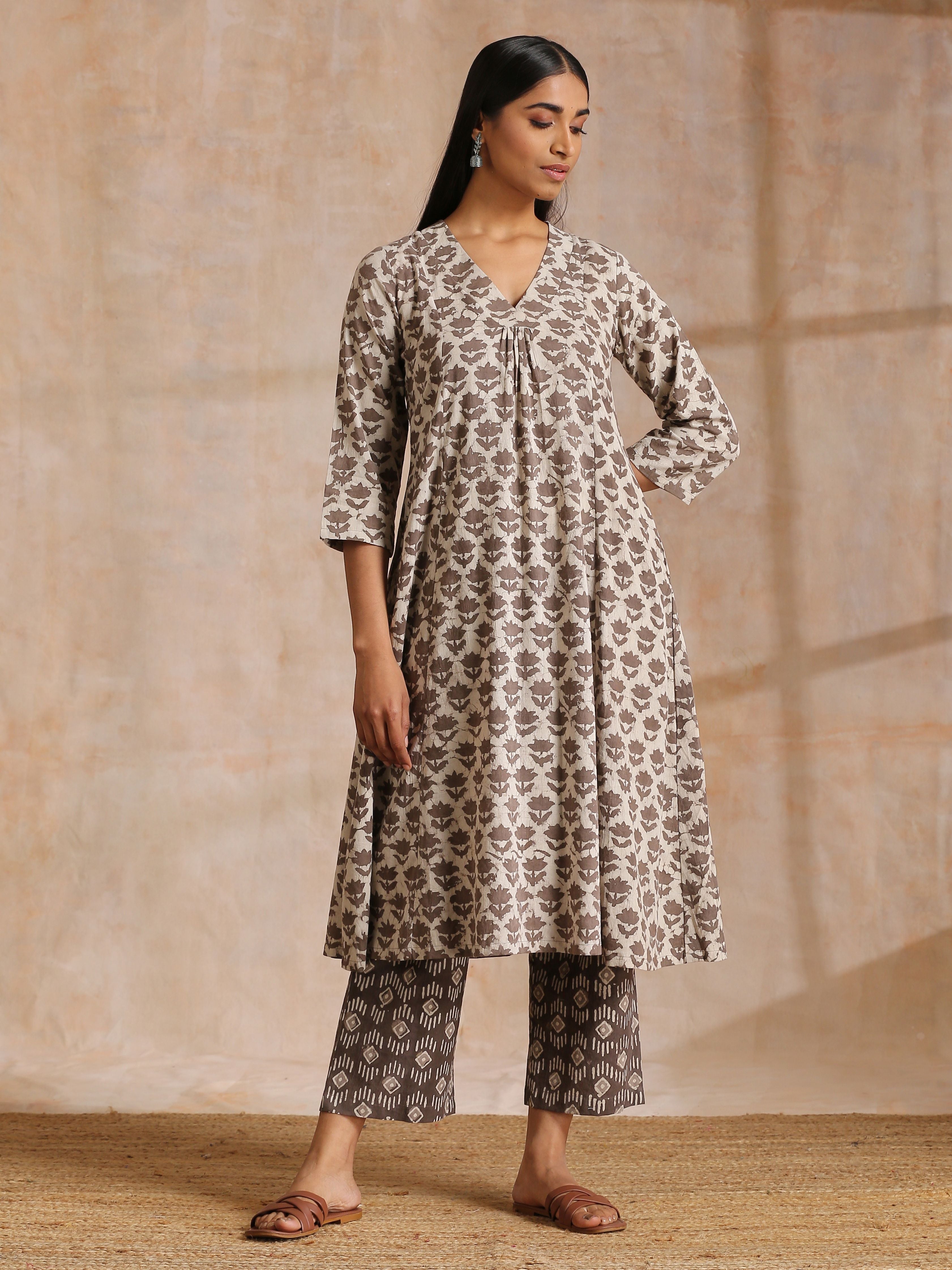 trueBrowns Clay Dabu Buta Print Cotton Front Neck Gathered Kurta Pant Set - Distacart