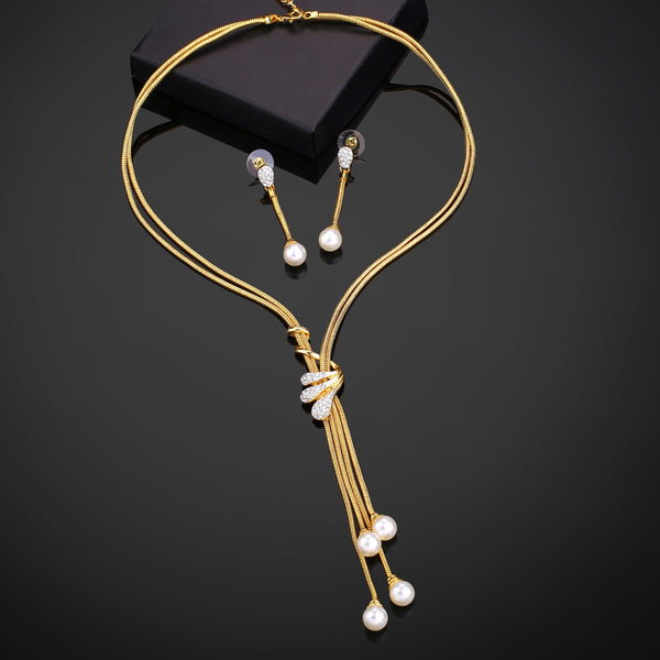 Estele Gold-Polished Trendy Tassel Necklace set with White Pearls for Women - Distacart