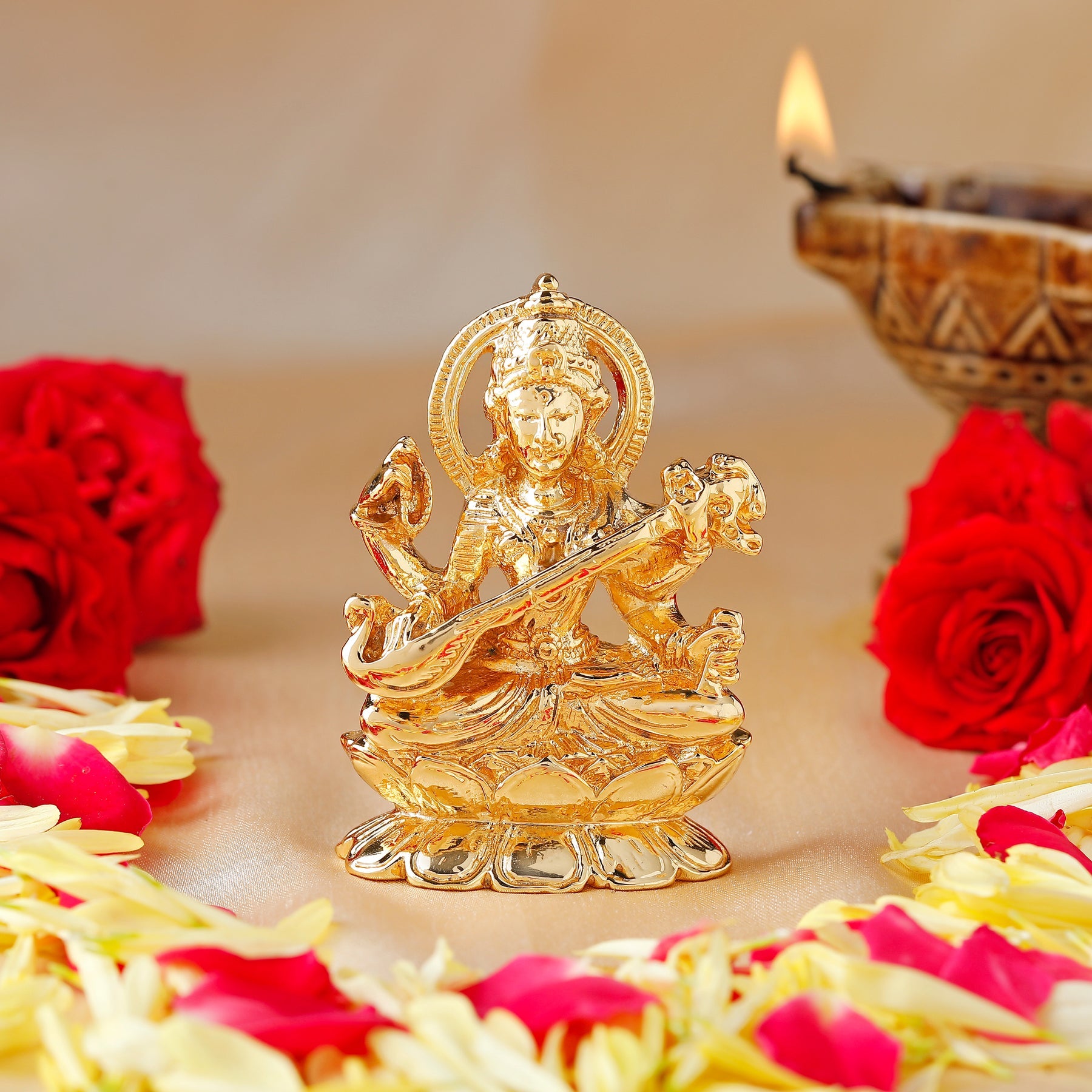 Estele Gold-Polished Goddess of Knowledge Sarasavti Ma Idol for Pooja & Car decor - Distacart