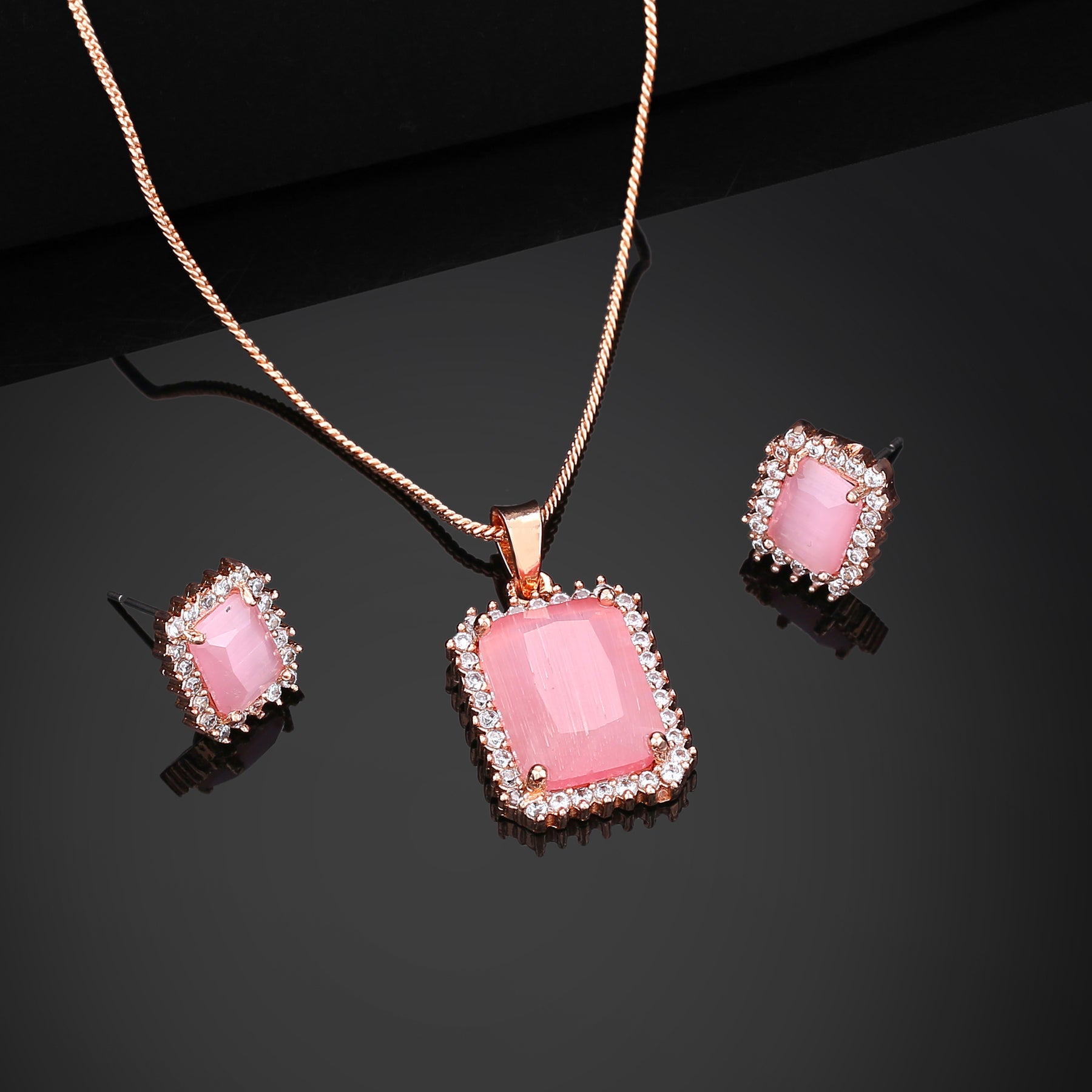 Estele Rose Gold-Polished CZ Attractive Square Designer Pendant Set with Mint Pink Crystals for Women - Distacart