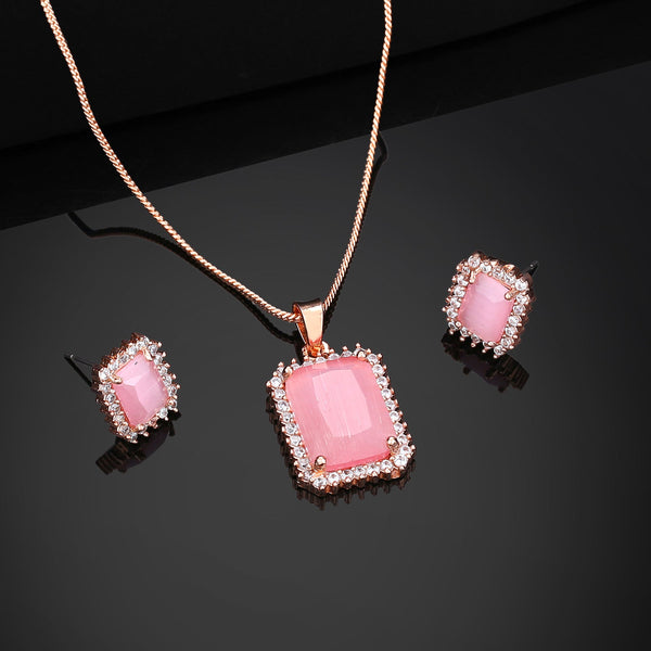 Estele Rose Gold-Polished CZ Attractive Square Designer Pendant Set with Mint Pink Crystals for Women - Distacart