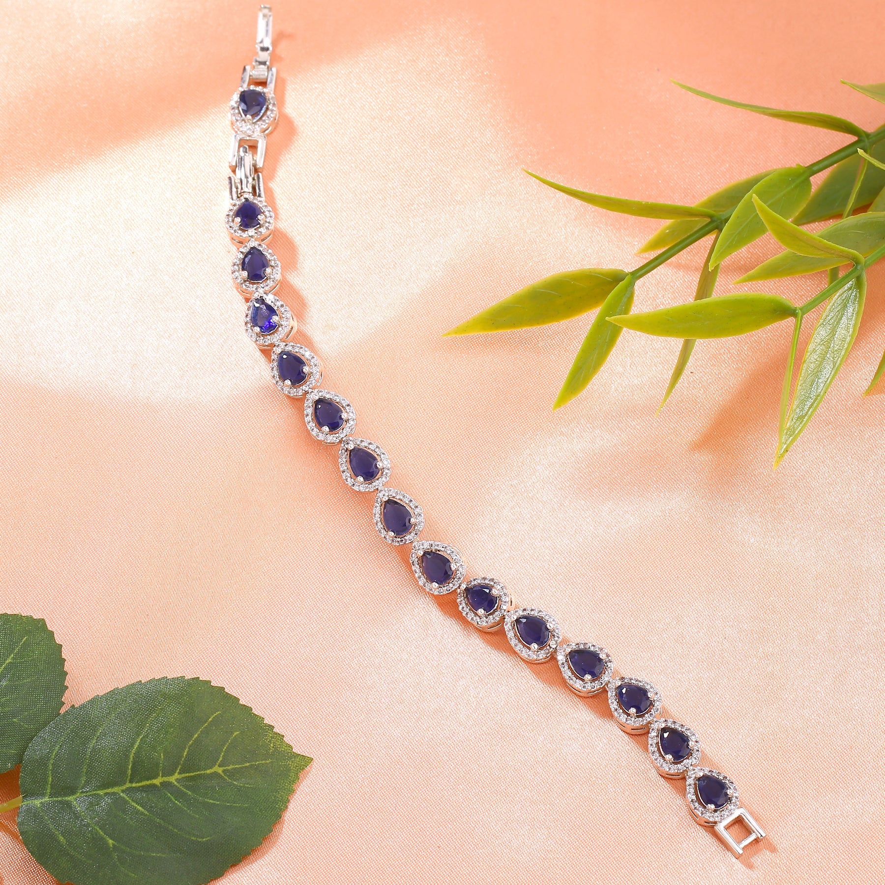 Estele Rhodium Plated CZ Drop Designer Charm Bracelet with Blue American Diamonds for Women - Distacart