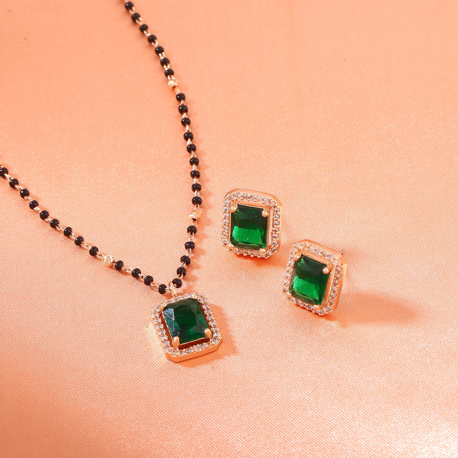 Estele Rose Gold-Polished CZ Square Designer Mangalsutra Necklace Set with Emerald Stones for Women - Distacart