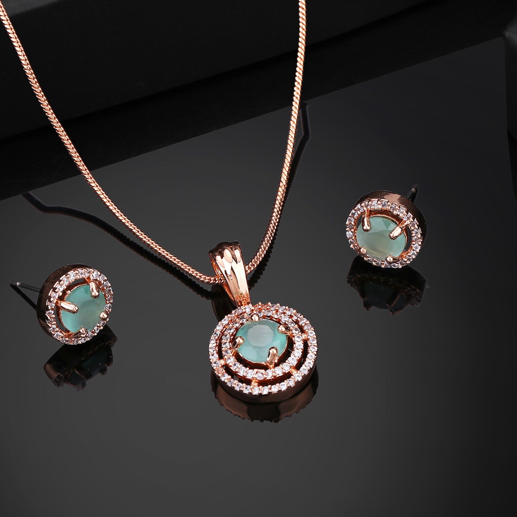 Estele Rose Gold-Polished CZ Circular Designer Pendant Set with Mint Green Stones for Women - Distacart