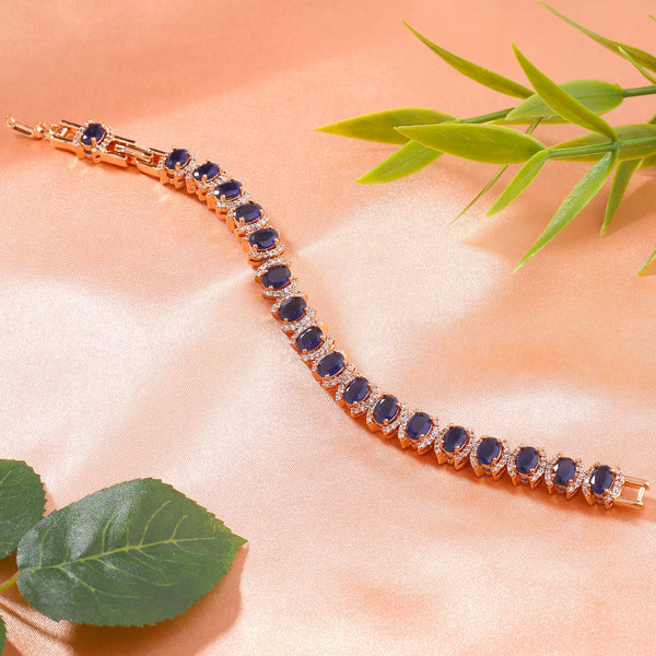Estele Rose Gold-Polished CZ Ravishing Oval Designer Charm Bracelet with Blue American Diamonds for Women - Distacart
