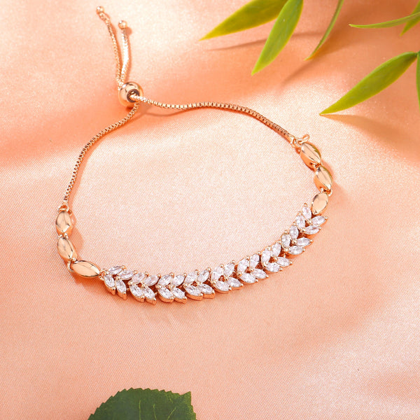 Estele Rose Gold-Polished CZ Leaf Designer Adjustable Charm Bracelet with White American Diamonds for Women - Distacart