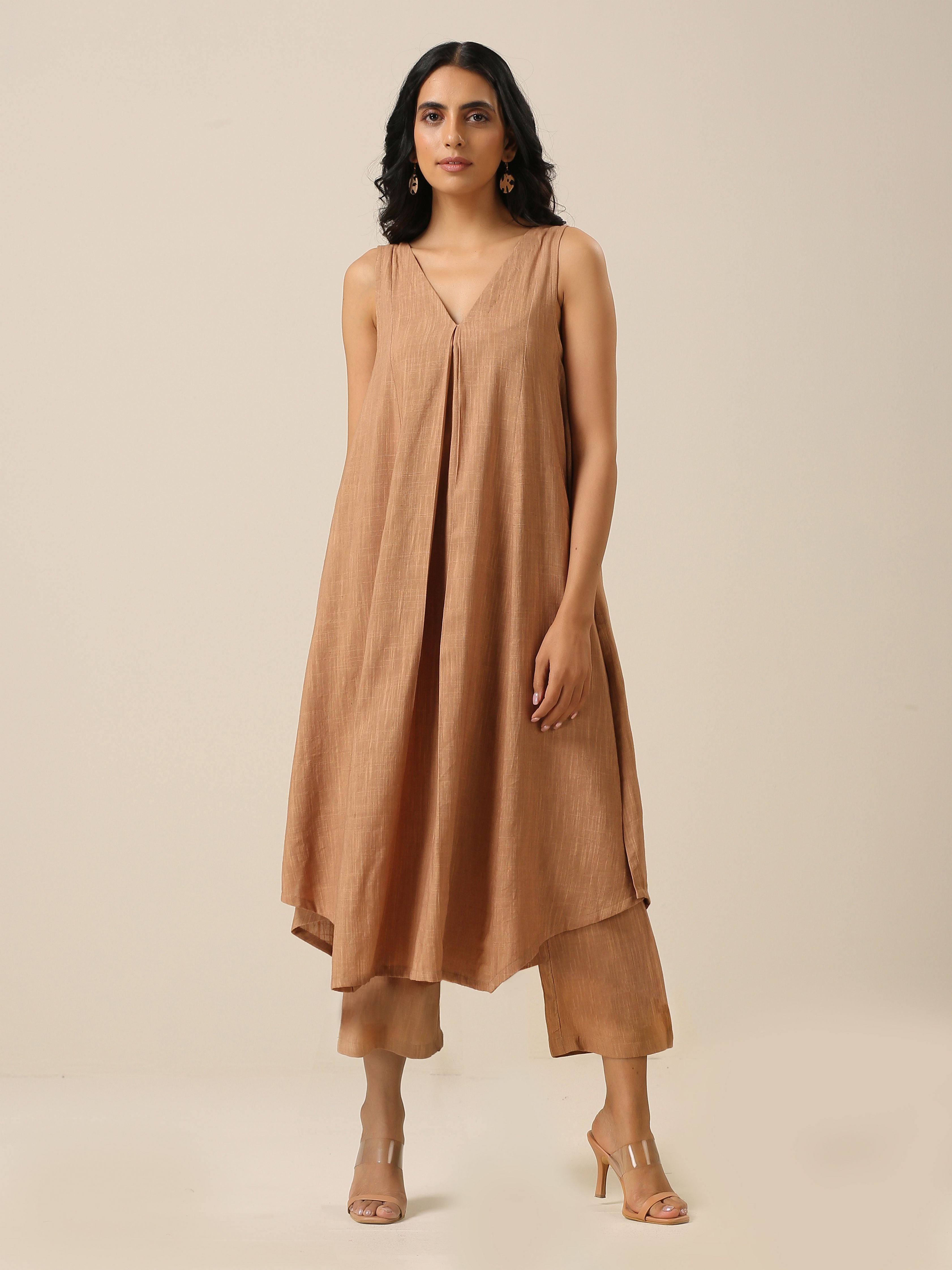 trueBrowns Beige Slub Texture Sleeveless Flared Kurta Pant Set - Distacart