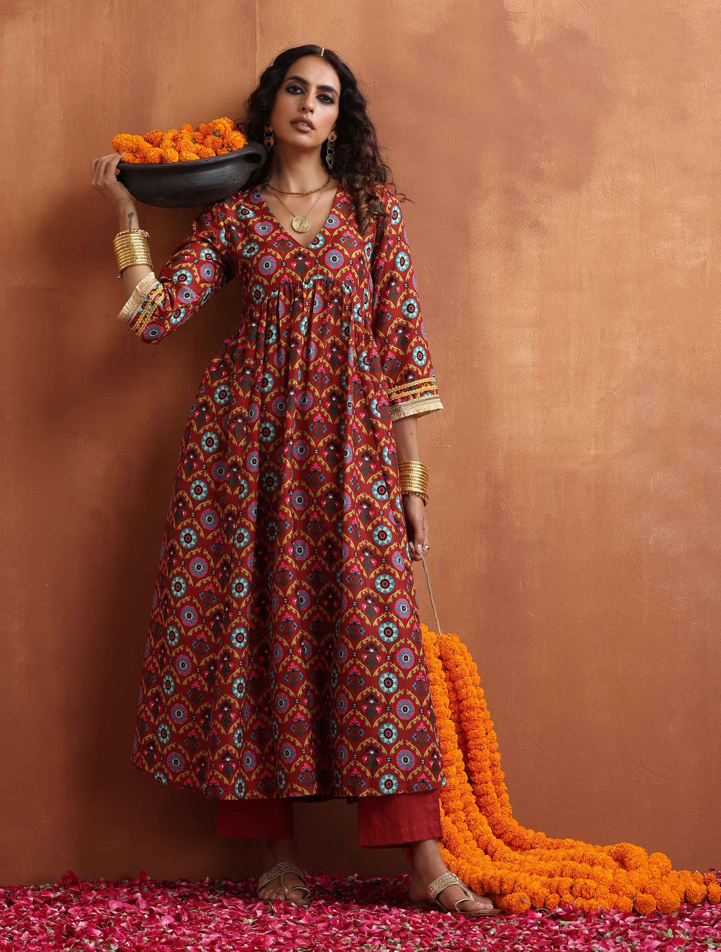 trueBrowns Maroon Flared Anarkali Kurta Set - Distacart