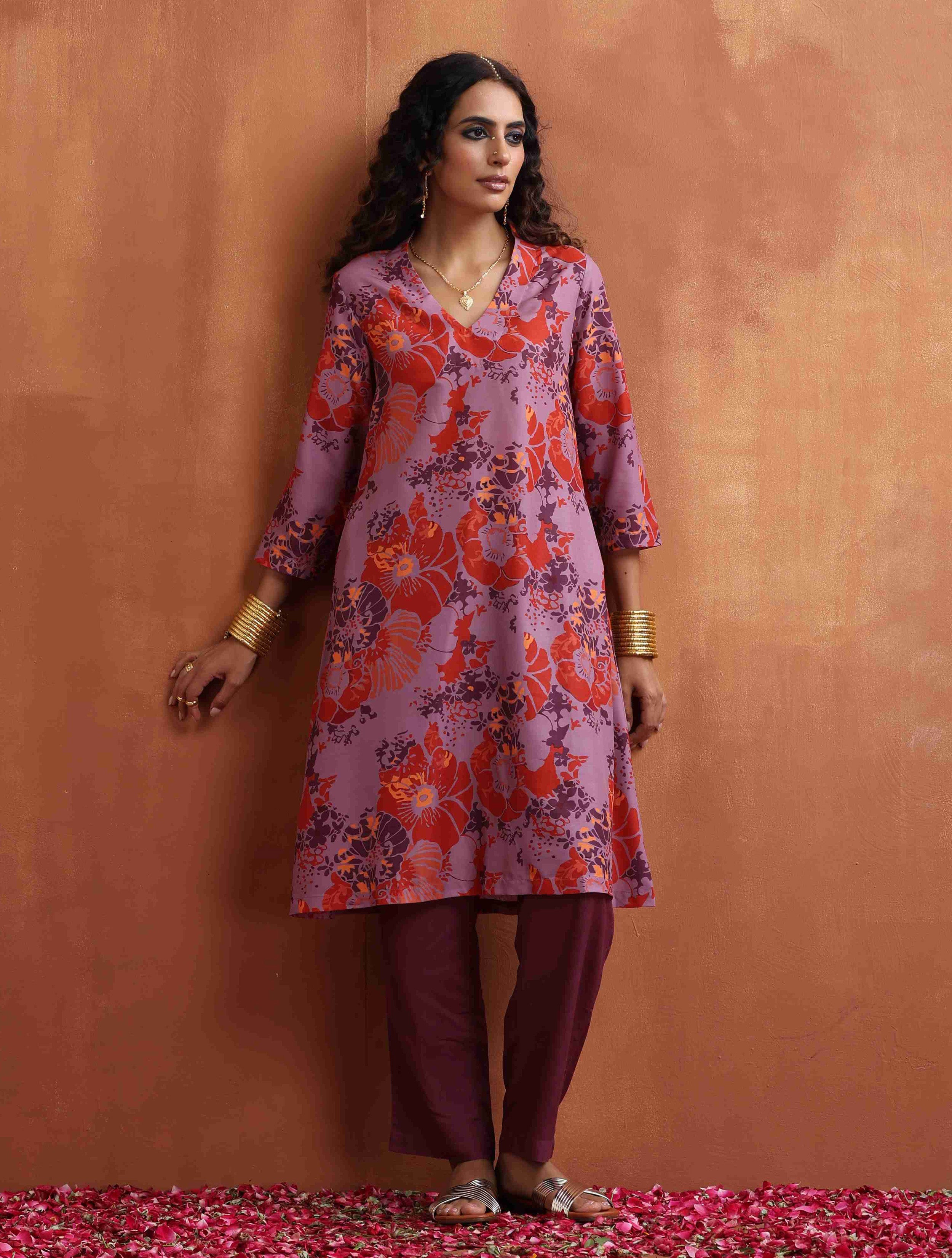 trueBrowns Purple Print Kurta Co-ord Set - Distacart