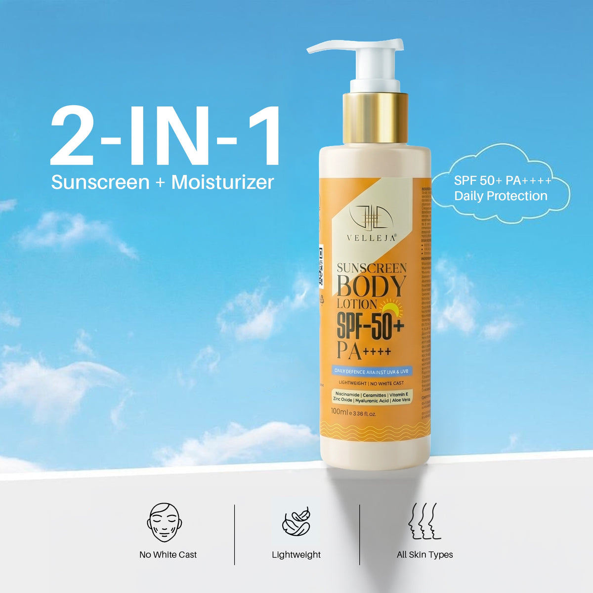 Velleja 2-in-1 Sunscreen Body Lotion SPF 50 PA++++ with 5% Niacinamide & Ceramides - Dista