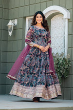 Thumbnail for Anaita Grey Tabby Silk Stitched Anarkali Suit With Thread & Sequence Work - Distacart