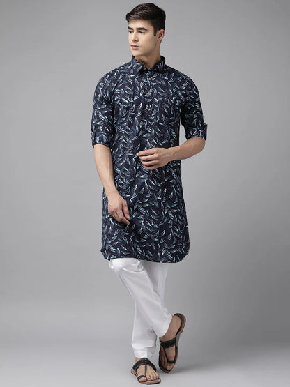 Fabmade Pure Cotton Pathani Kurta Print With Pyjama - Distacart