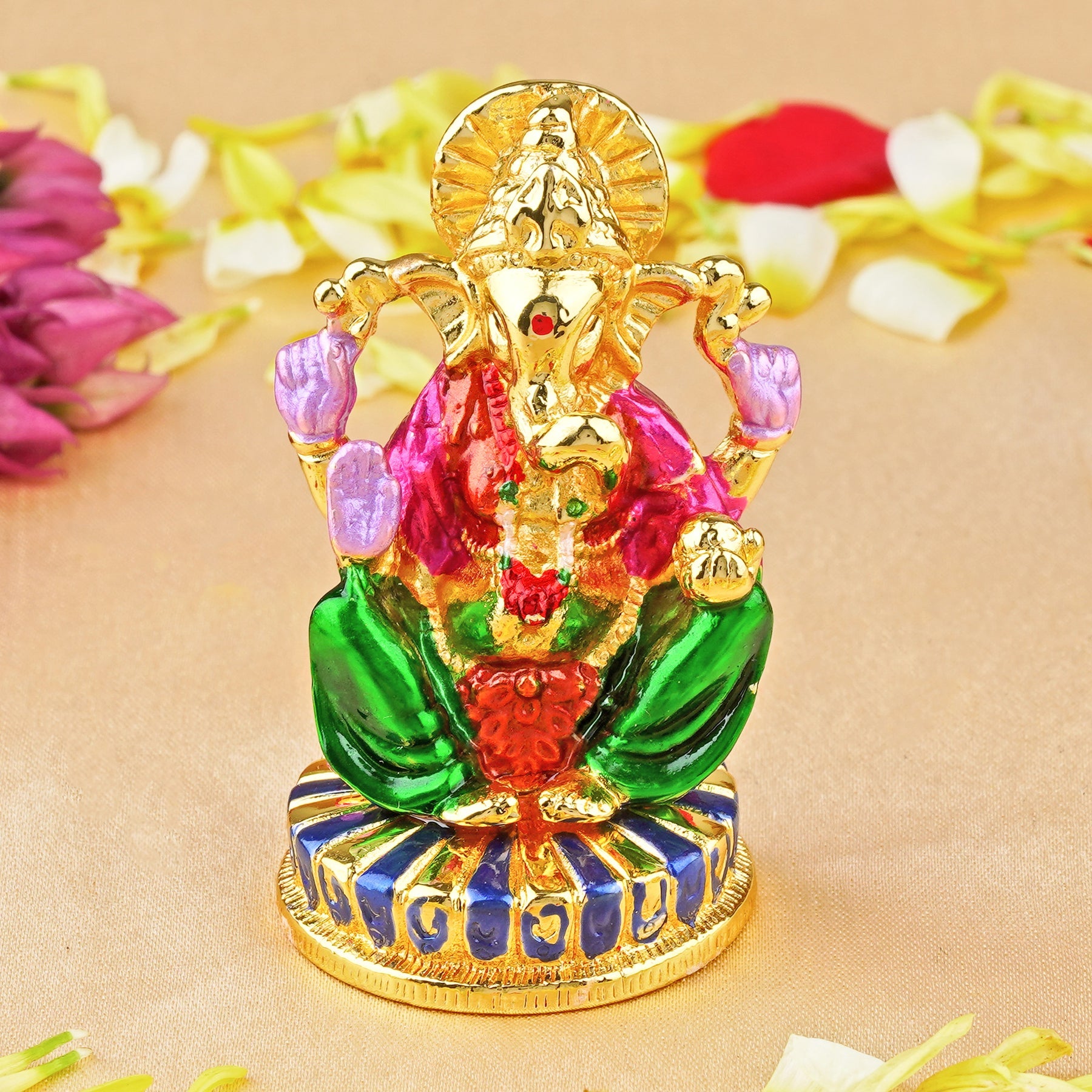 Estele Gold-Polished Spiritual Lord Ganesha Idol with multi-color Stone Type:Enamel for Gifts & HouseWarming/Home/Office Decors - Distacart