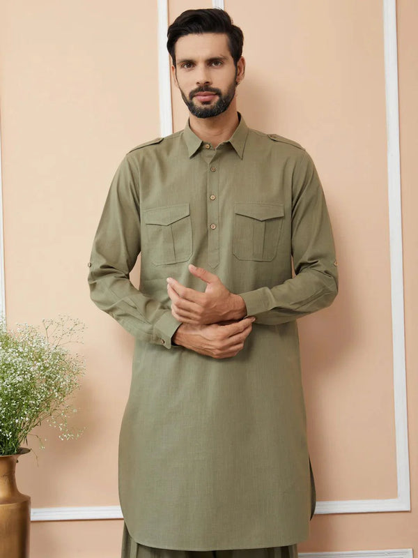 Fabmade Olive Cotton Linen Pathani Kurta With Salwar