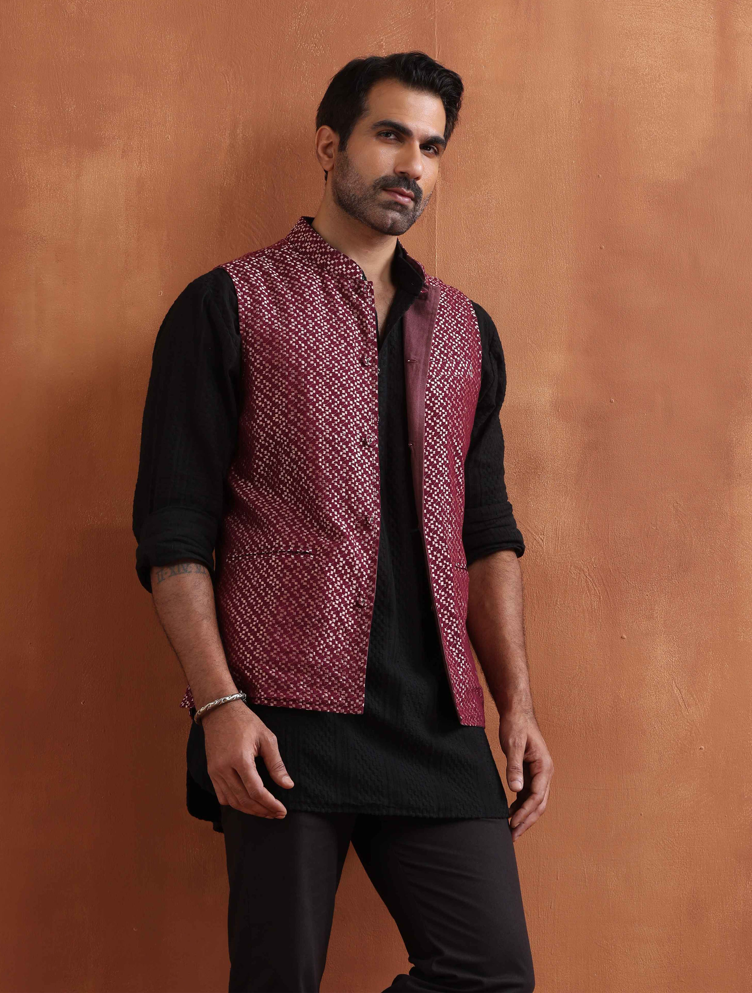 trueBrowns Men's Dark Purple Cotton Dobby Nehru Jacket - Distacart