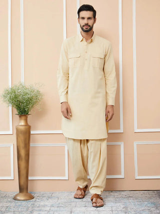 Fabmade Beige Cotton Linen Pathani Kurta With Salwar