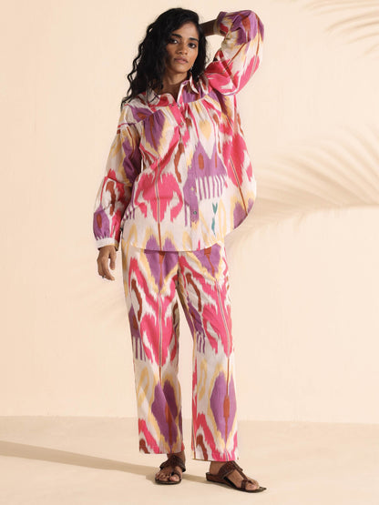 trueBrowns Pink Cotton Ikat Shirt Co-ord Set - Distacart