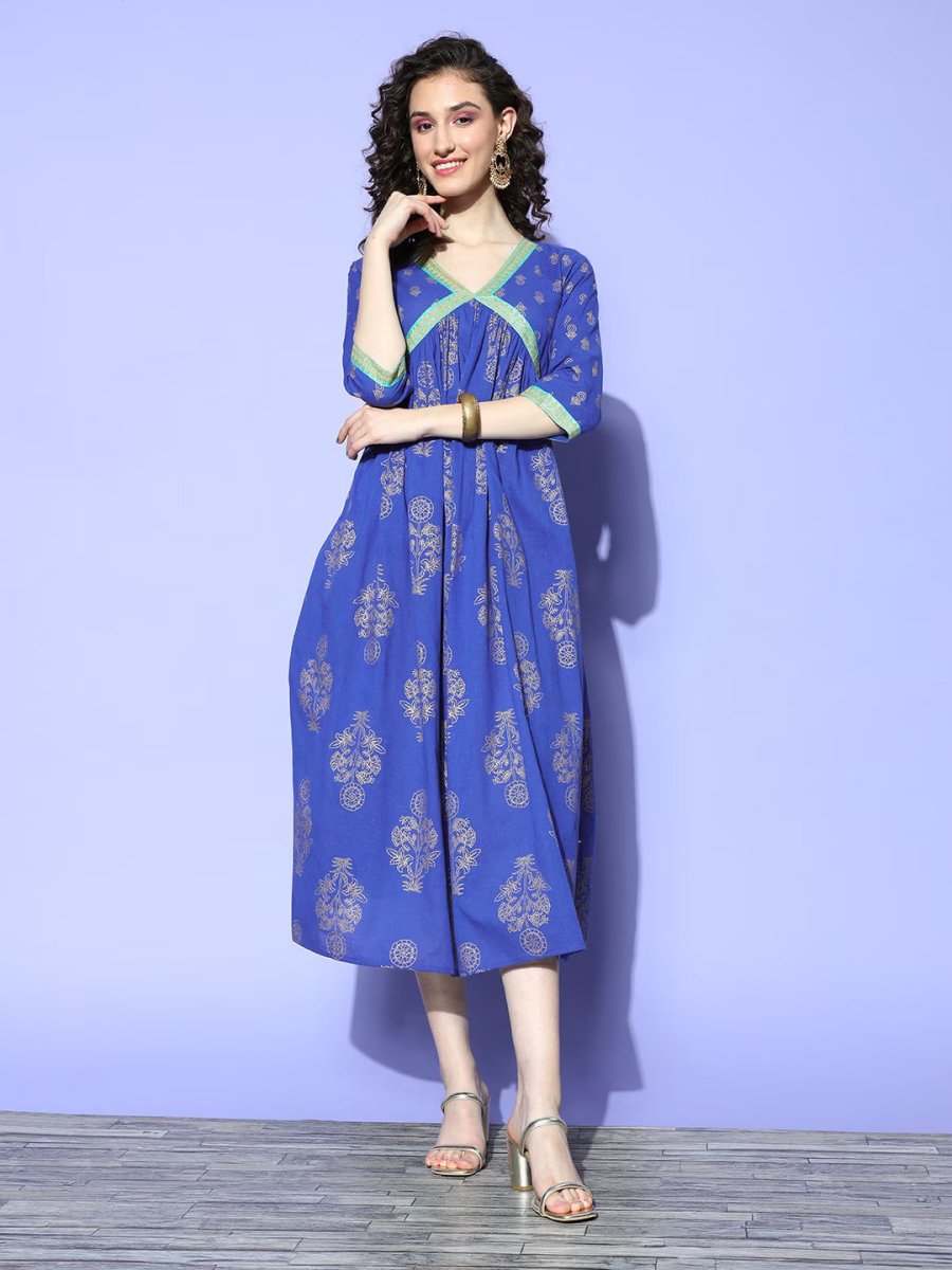 Ahalyaa Blue Floral Print Midi Empire Ethnic Dress - Distacart